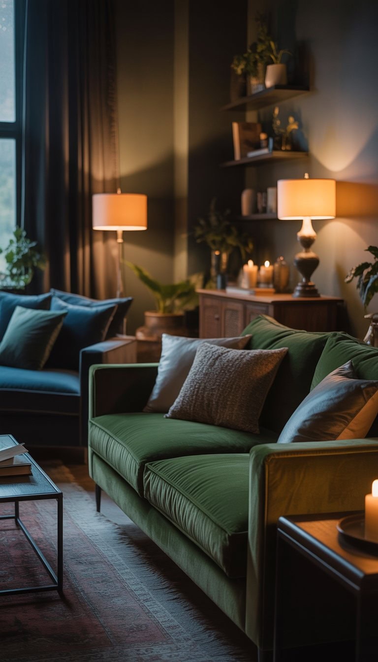 A dimly lit living room with plush velvet sofas, warm lighting, dark wood furniture, and decorative accents creating a cozy and inviting space.