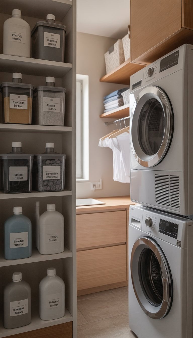 A small, organized laundry room with stacked washer and dryer, clear containers for detergents on shelves, and space-saving storage solutions.