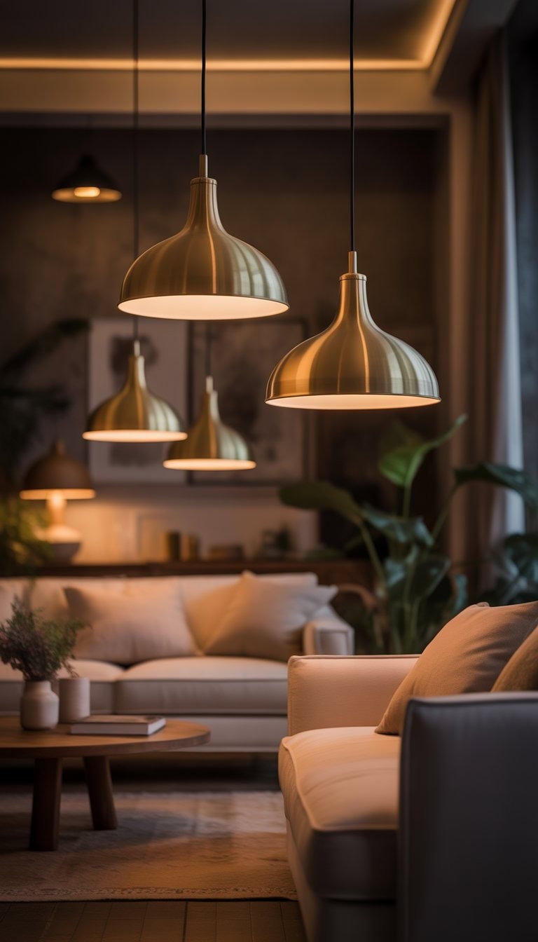A living room with dimmable brass pendant lights casting a warm glow over comfortable seating and decorative elements.