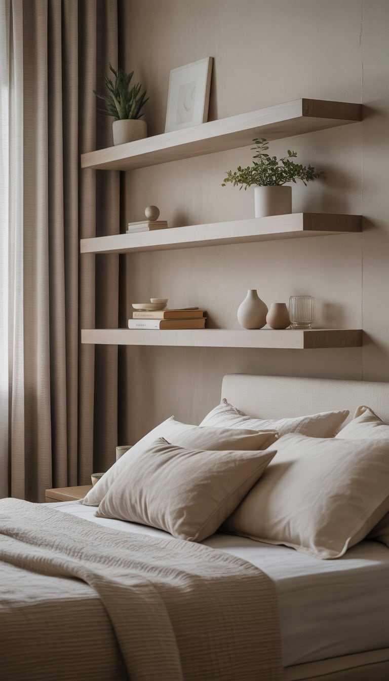 A bedroom with floating shelves holding plants, books, and vases above a neatly made bed in soft neutral colors.