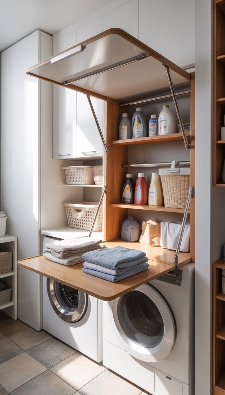 Small laundry room with a wall-mounted fold-down table used as a folding station, surrounded by shelves and a washing machine.