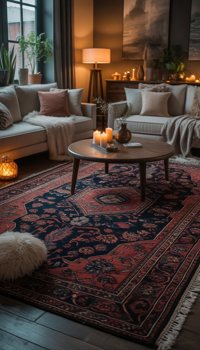 A living room with a vintage dark-hued Persian rug, sofa, coffee table, and warm ambient lighting.