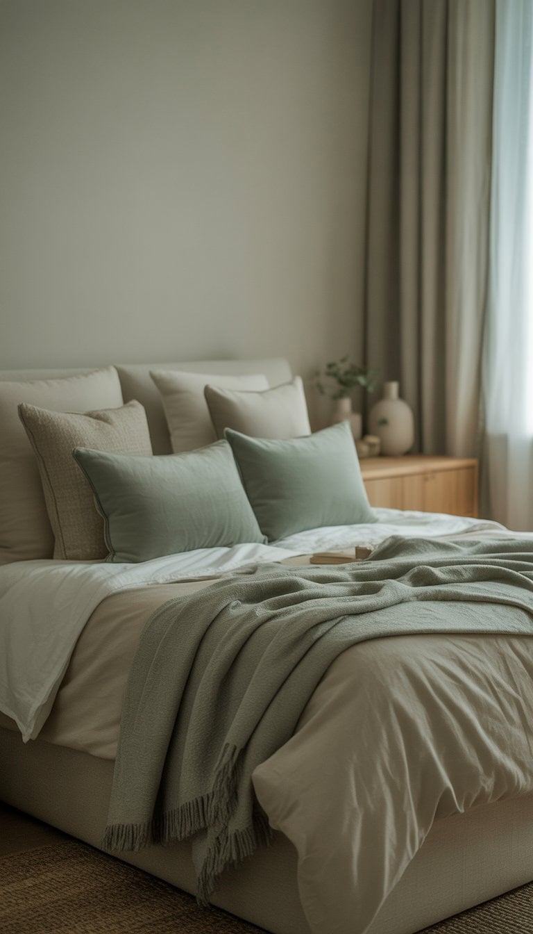 A calm bedroom with a neatly made bed, light wood furniture, and muted green decorative accents.