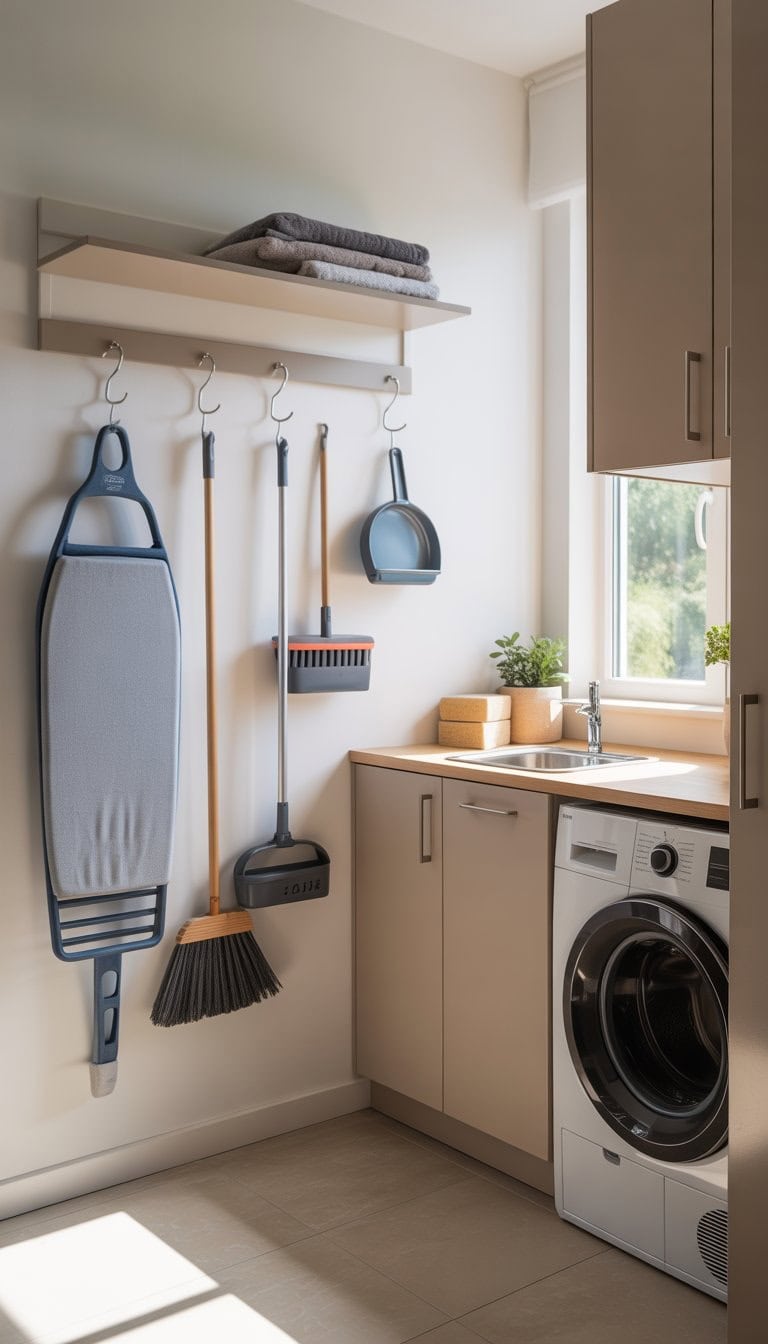 Small laundry room with hooks holding an ironing board and cleaning tools on the wall, washer and dryer, and folded towels on a countertop.
