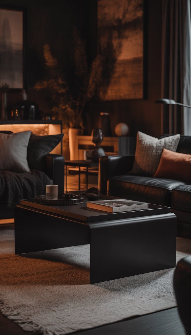 A dimly lit living room with black matte metal coffee tables, dark walls, and plush seating creating a cozy atmosphere.