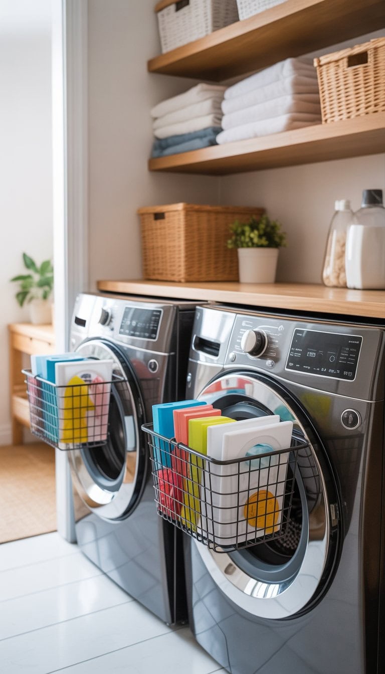 Small laundry room with washer and dryer featuring magnetic baskets holding laundry items, shelves with towels and storage bins, and a small plant.