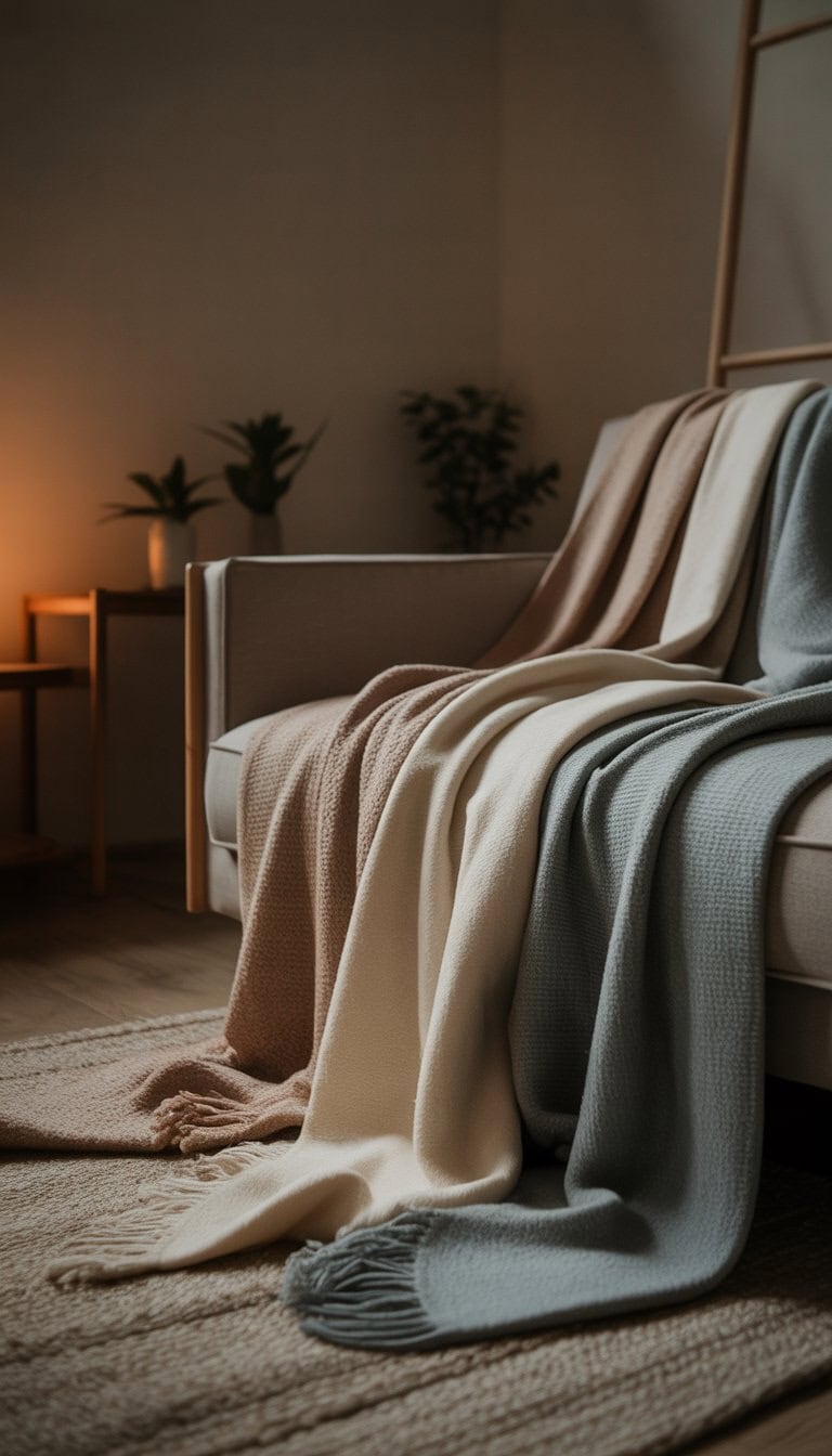 A cozy living room with soft throw blankets layered on a sofa, warm lighting, wooden furniture, and small potted plants.