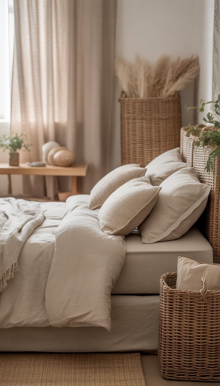 A neutral-toned bedroom with a neatly made bed and woven basket storage, illuminated by soft natural light.