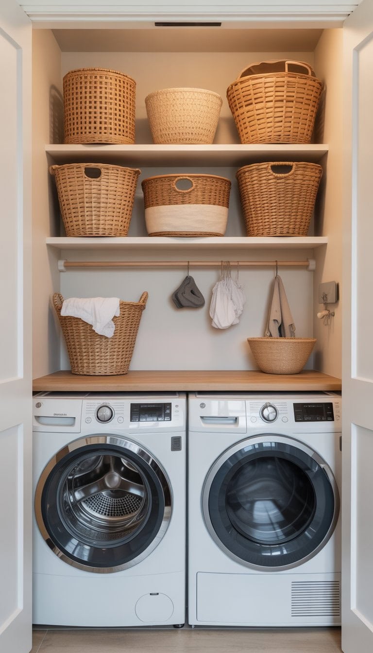 Small laundry room with washing machine, dryer, wooden countertop, and decorative woven baskets on shelves for storage.