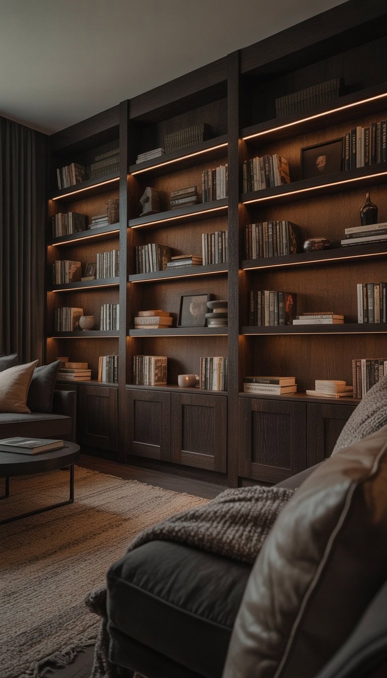 A living room with dark wood bookshelves filled with books and decorations, a comfortable seating area, and soft warm lighting creating a cozy atmosphere.
