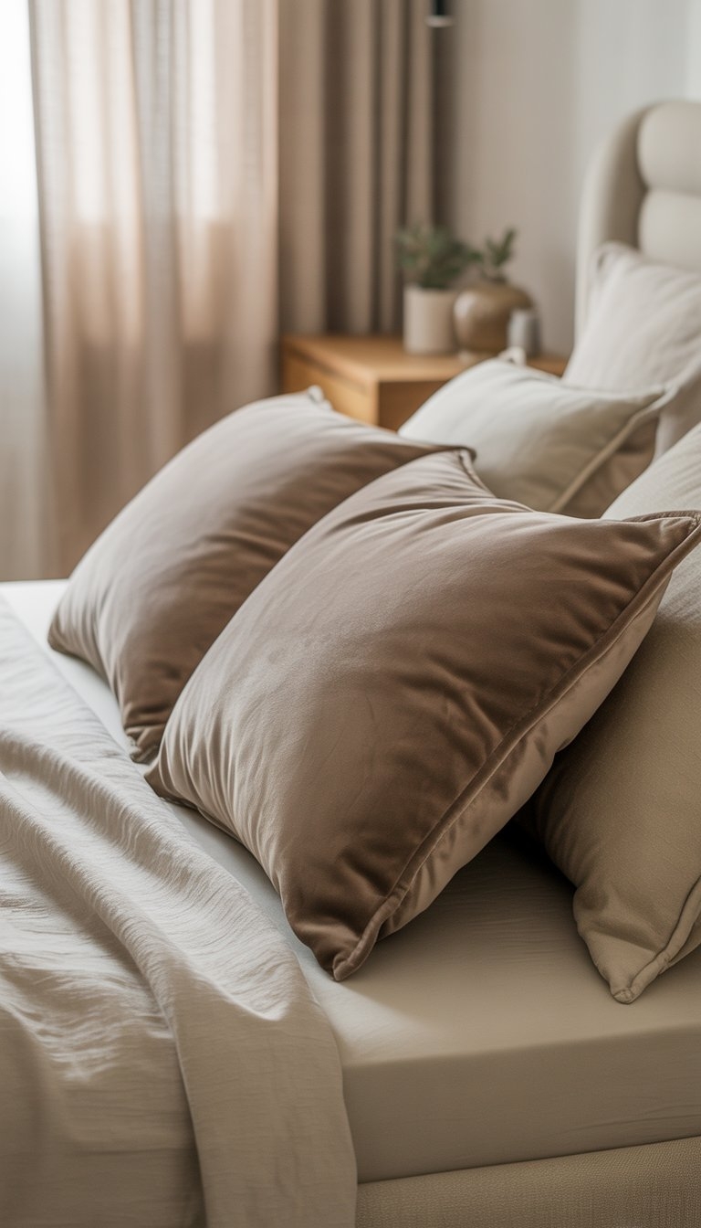 A bedroom with soft taupe velvet cushions on a bed, light-colored linens, and natural light coming through sheer curtains.