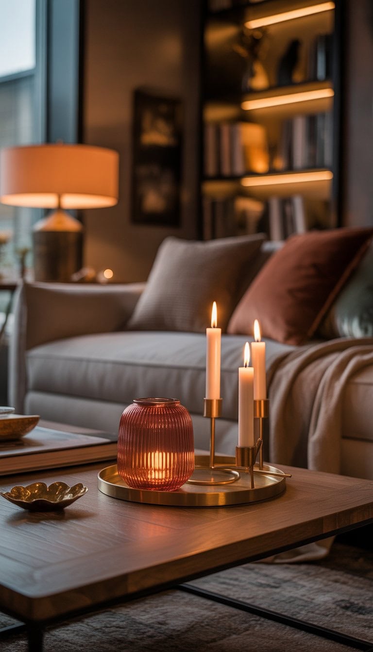A cozy living room with copper and brass candle holders on a wooden coffee table, warm lighting, and comfortable seating.