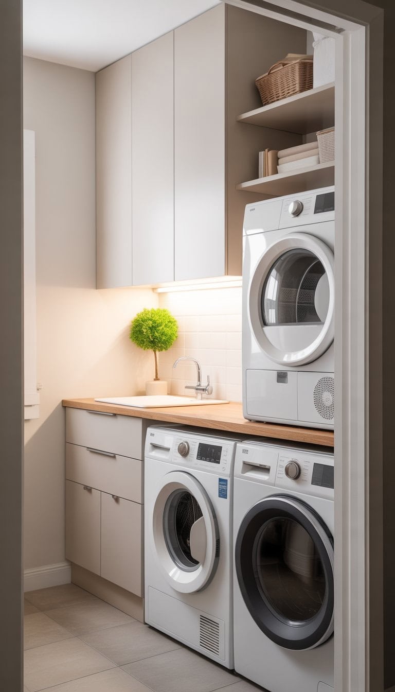 A small, organized laundry room with stacked washer and dryer, a wooden countertop, open shelves, and a small indoor plant on the counter.