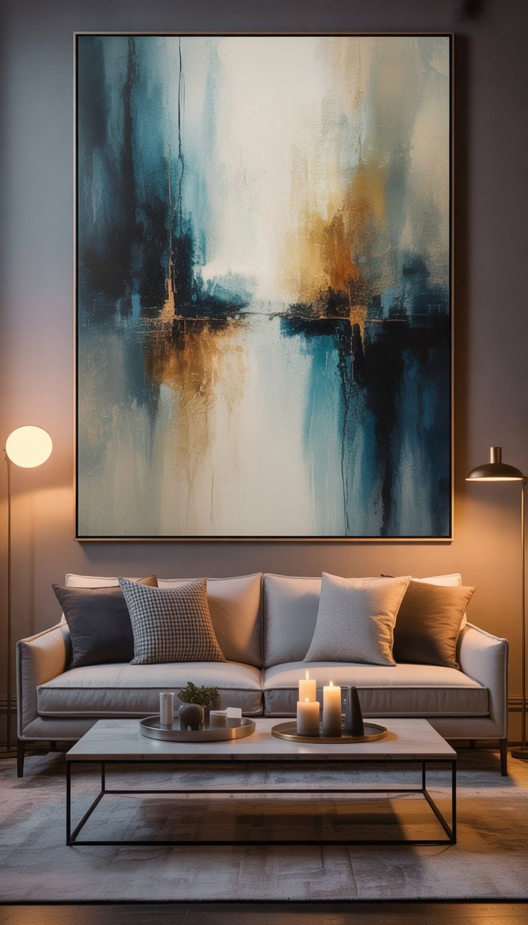 A living room with a large abstract painting on the wall, a comfortable sofa, and soft warm lighting creating a cozy atmosphere.