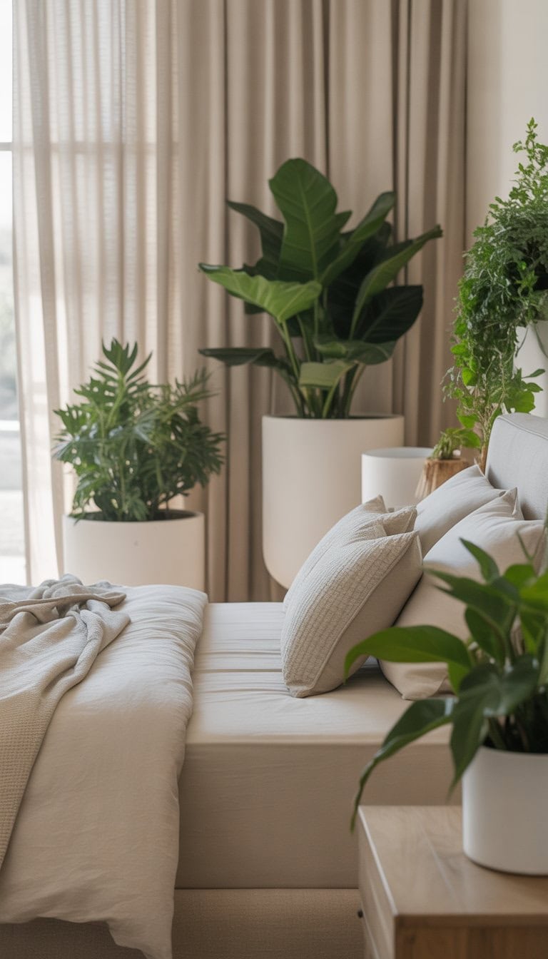 A peaceful bedroom with white planter pots containing green plants, neutral-colored bedding, and soft natural light.