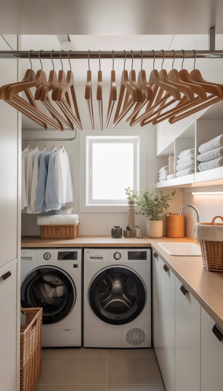 Small laundry room with uniform hangers on a rod, washer and dryer, shelves with folded towels, and storage baskets.