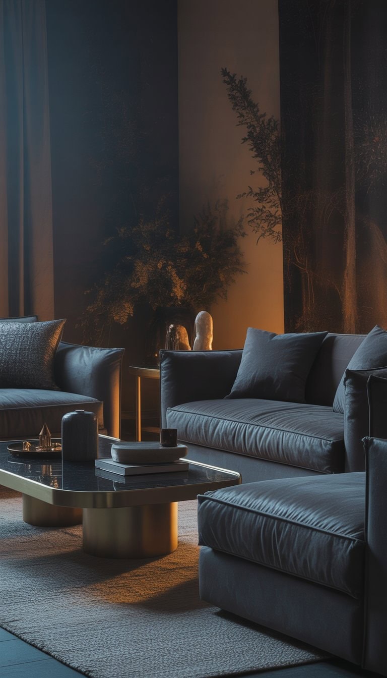 A moody living room with a velvet sofa, glossy coffee table, dark walls, and warm ambient lighting creating a cozy and inviting atmosphere.