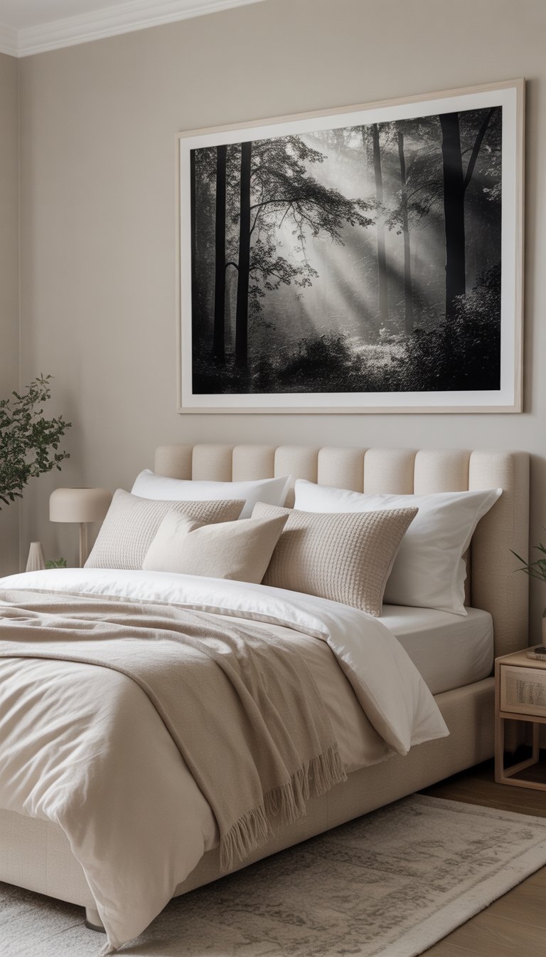 A peaceful bedroom with a neutral color scheme and a large framed black-and-white photograph of a forest above the bed.