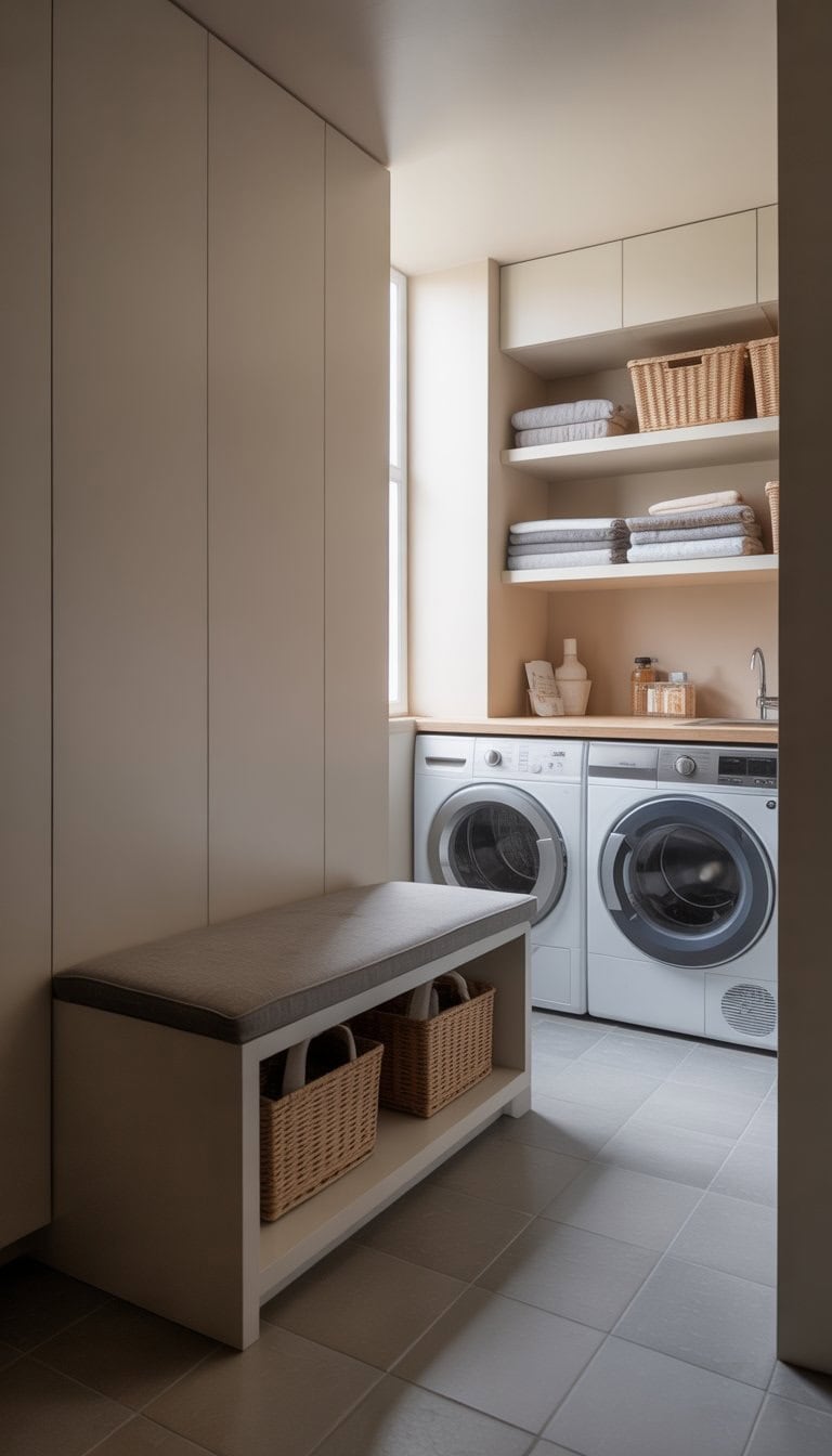 Small laundry room with a slim bench featuring built-in storage, washer and dryer, and organized shelves.
