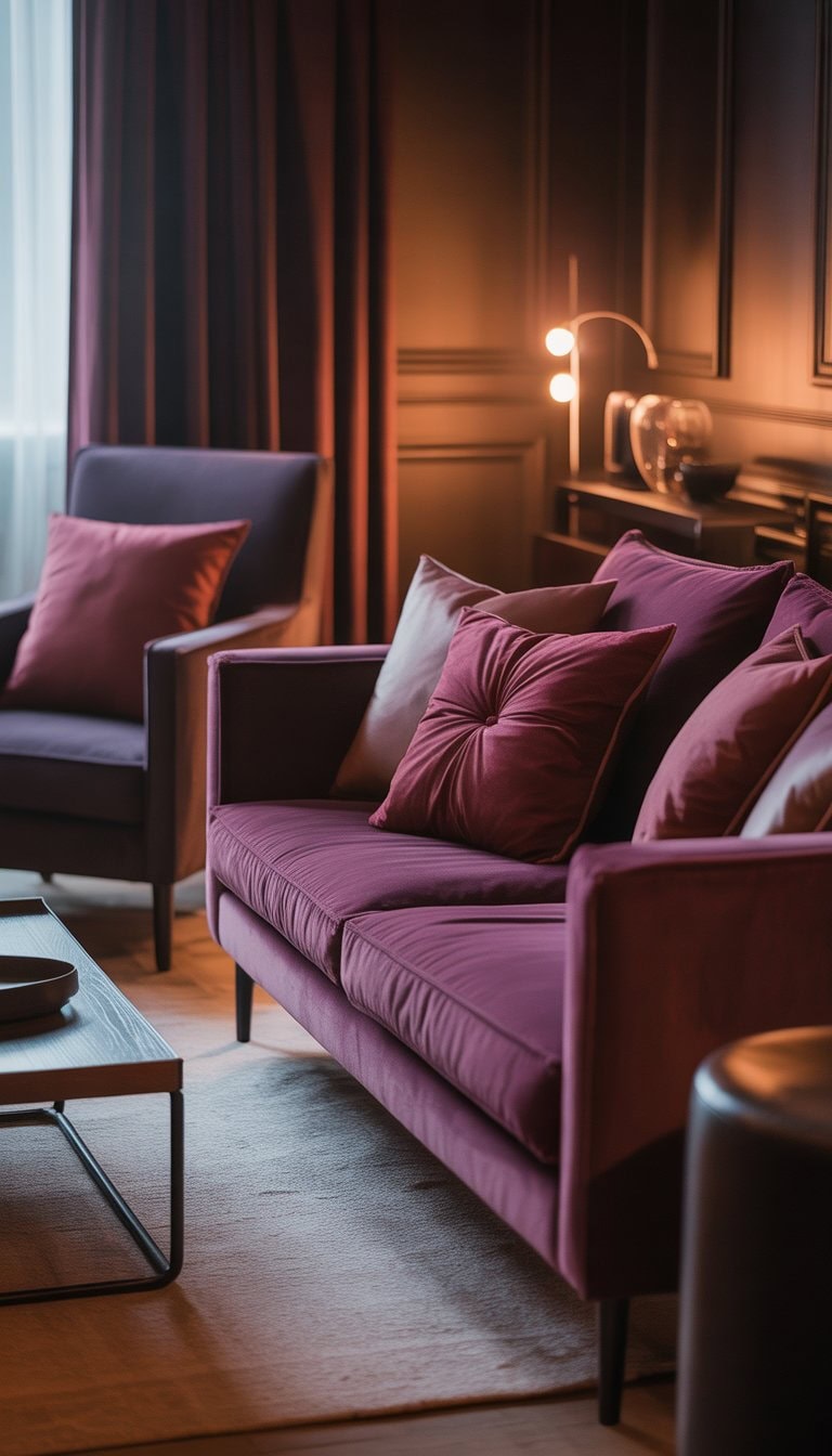 A living room with a sofa and armchair accented by plum and burgundy cushions, warm lighting, and a cozy atmosphere.