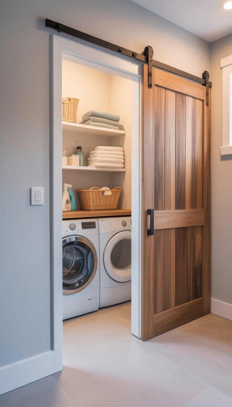 Small laundry room with a sliding barn door, stacked washer and dryer, and organized shelves.