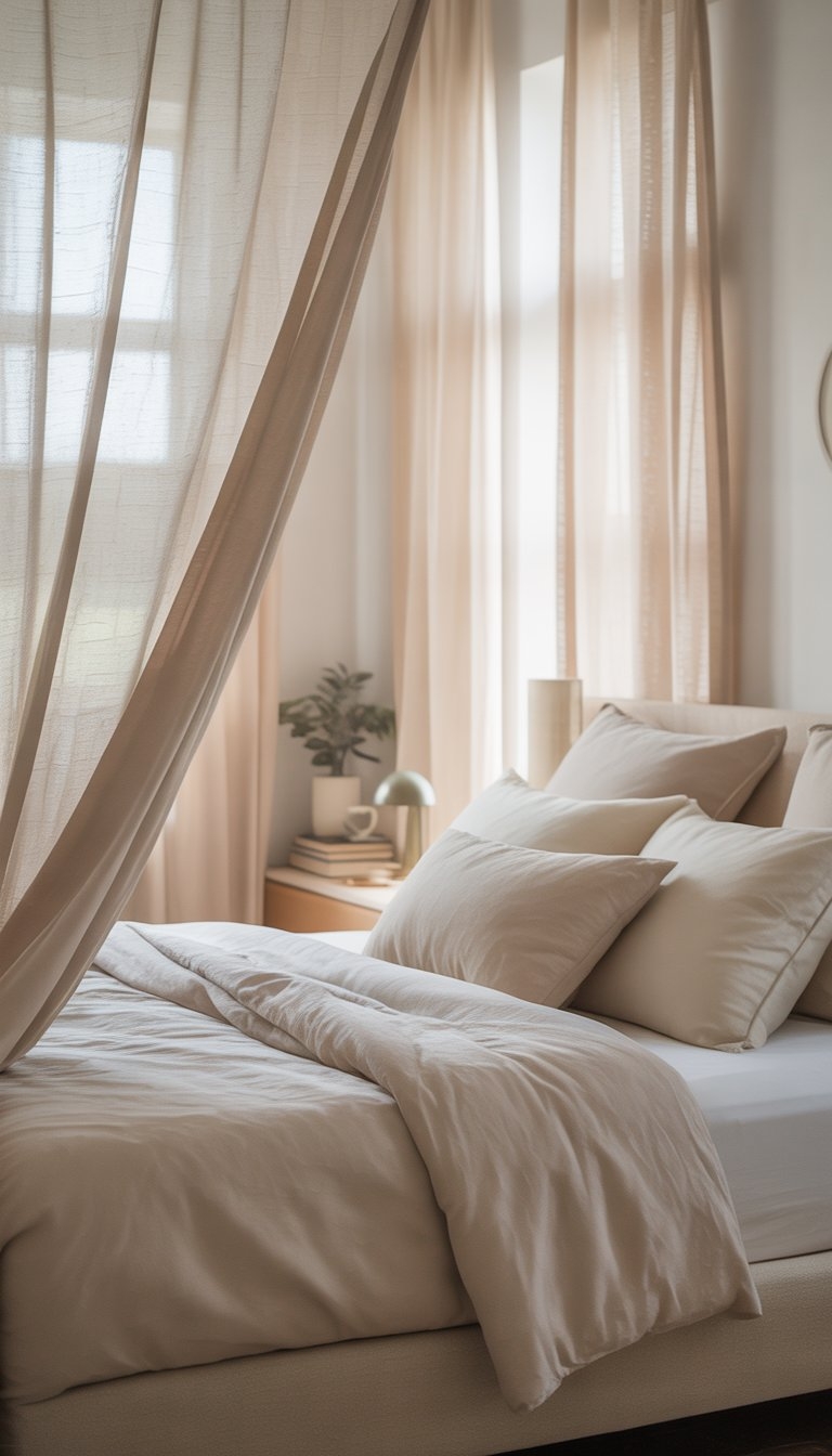 A bright bedroom with sheer curtains letting in natural light, a neatly made bed, and neutral-colored decor creating a peaceful atmosphere.