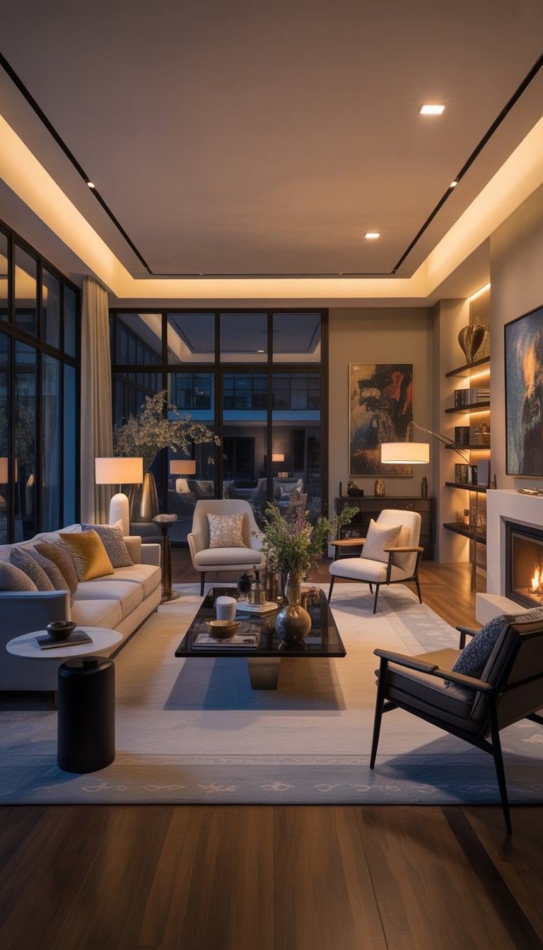 A spacious living room with a large sofa, armchairs, coffee table, floor-to-ceiling windows, and decorative accessories.