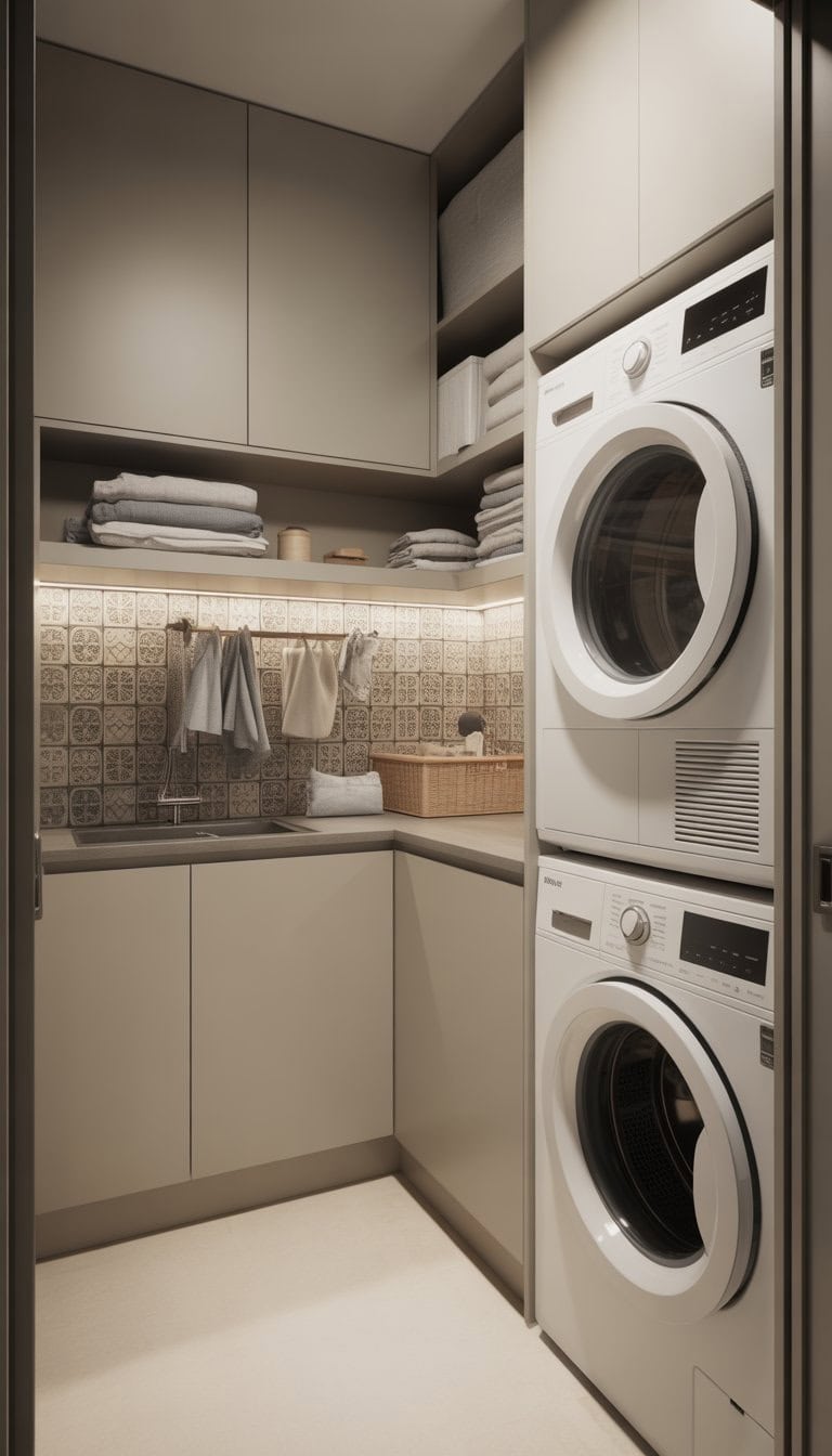 Small laundry room with stacked washer and dryer, patterned tile backsplash, white cabinets, and shelves with laundry supplies.