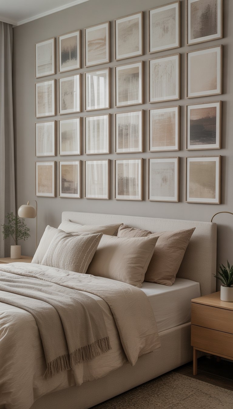 A calm bedroom with neutral colors, a neatly made bed, abstract art on the walls, soft natural light, and minimalist furniture.