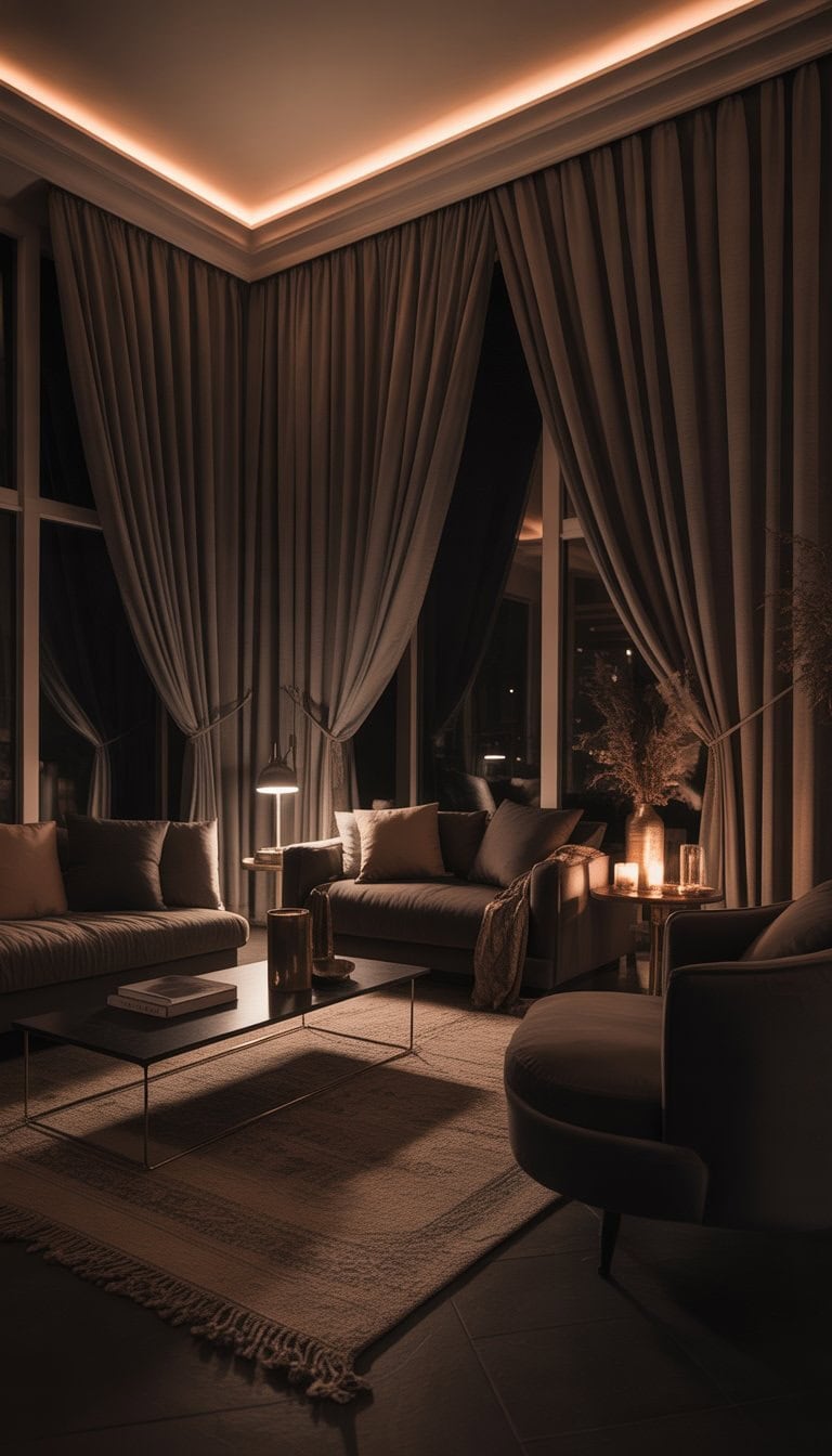 A dimly lit living room with dark blackout curtains, plush seating, and warm ambient lighting creating a cozy atmosphere.