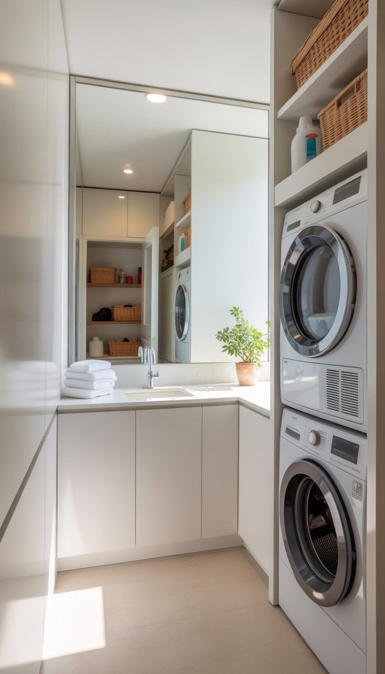 Small laundry room with stacked washer and dryer, large mirror on the wall, white cabinets, and organized shelves.