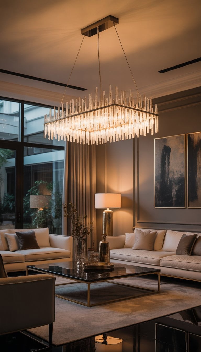 A spacious living room with a large crystal chandelier hanging from the ceiling, plush seating, a coffee table, and large windows letting in natural light.