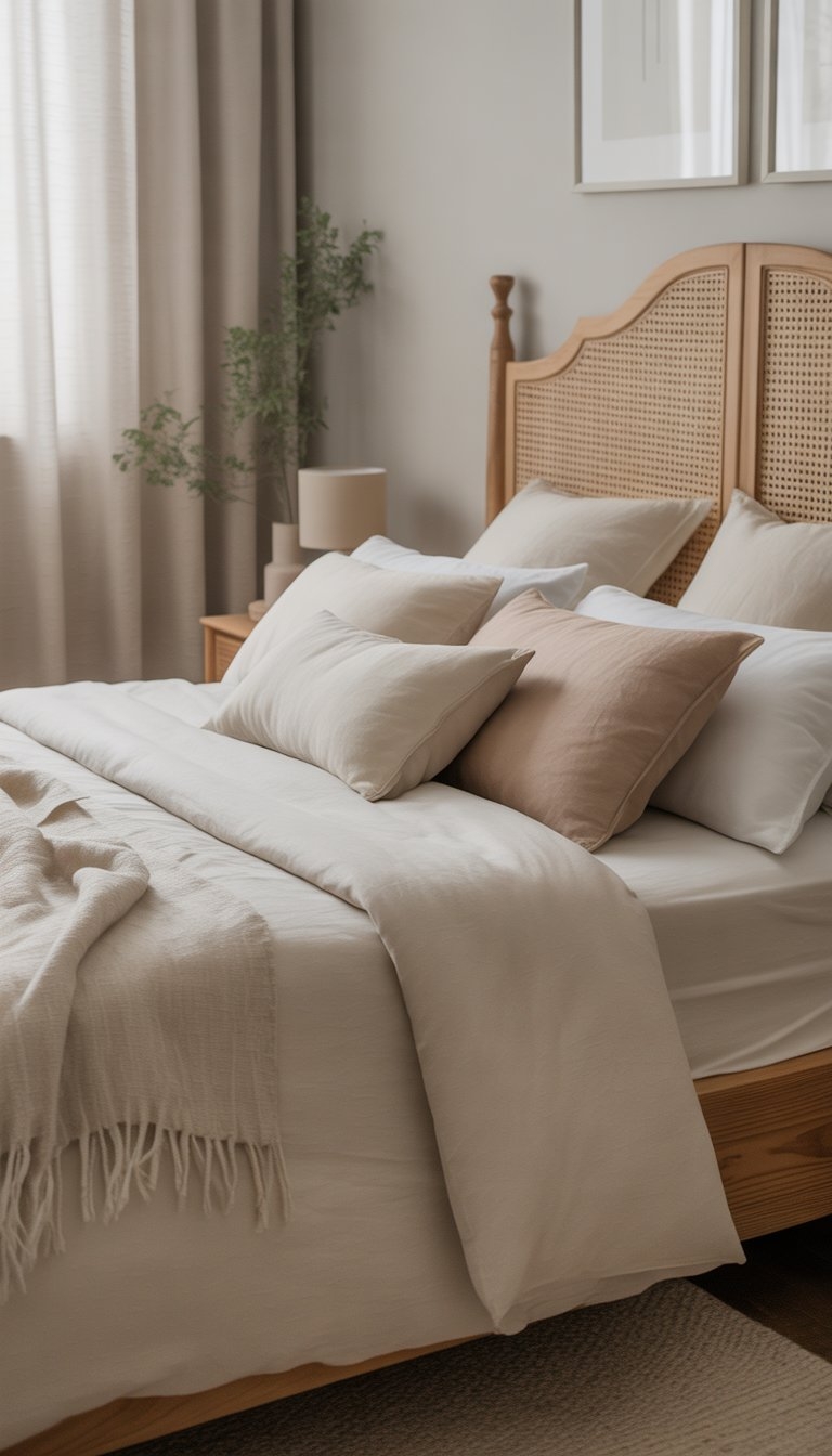 A bedroom with a wooden headboard, neatly made bed with neutral bedding, a bedside table with a lamp, and soft natural light coming through curtains.