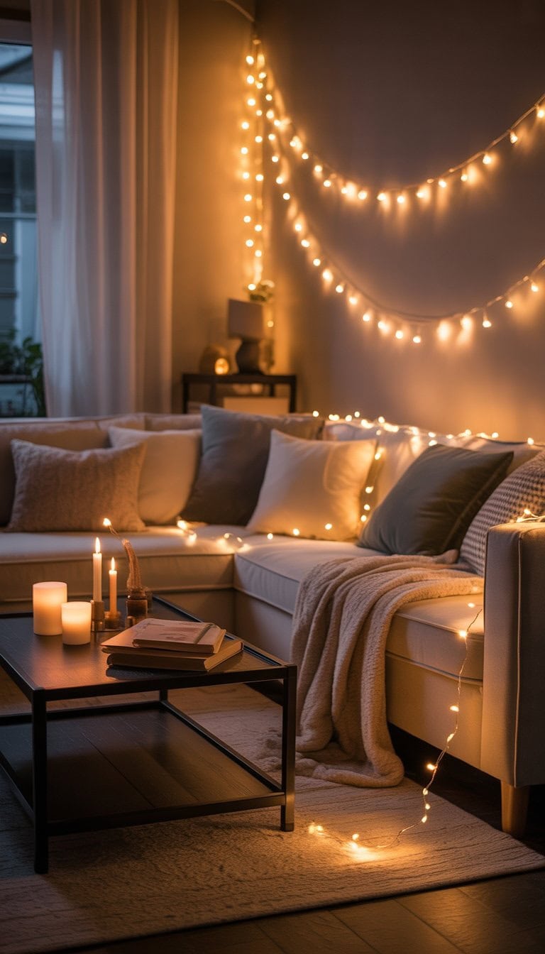 A cozy living room softly lit by warm fairy lights, with comfortable seating and a wooden coffee table.