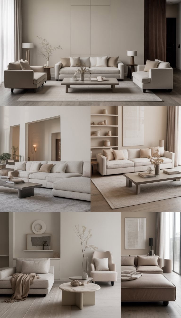 A spacious living room with beige and gray furniture, a coffee table, large windows, and minimalist decor.