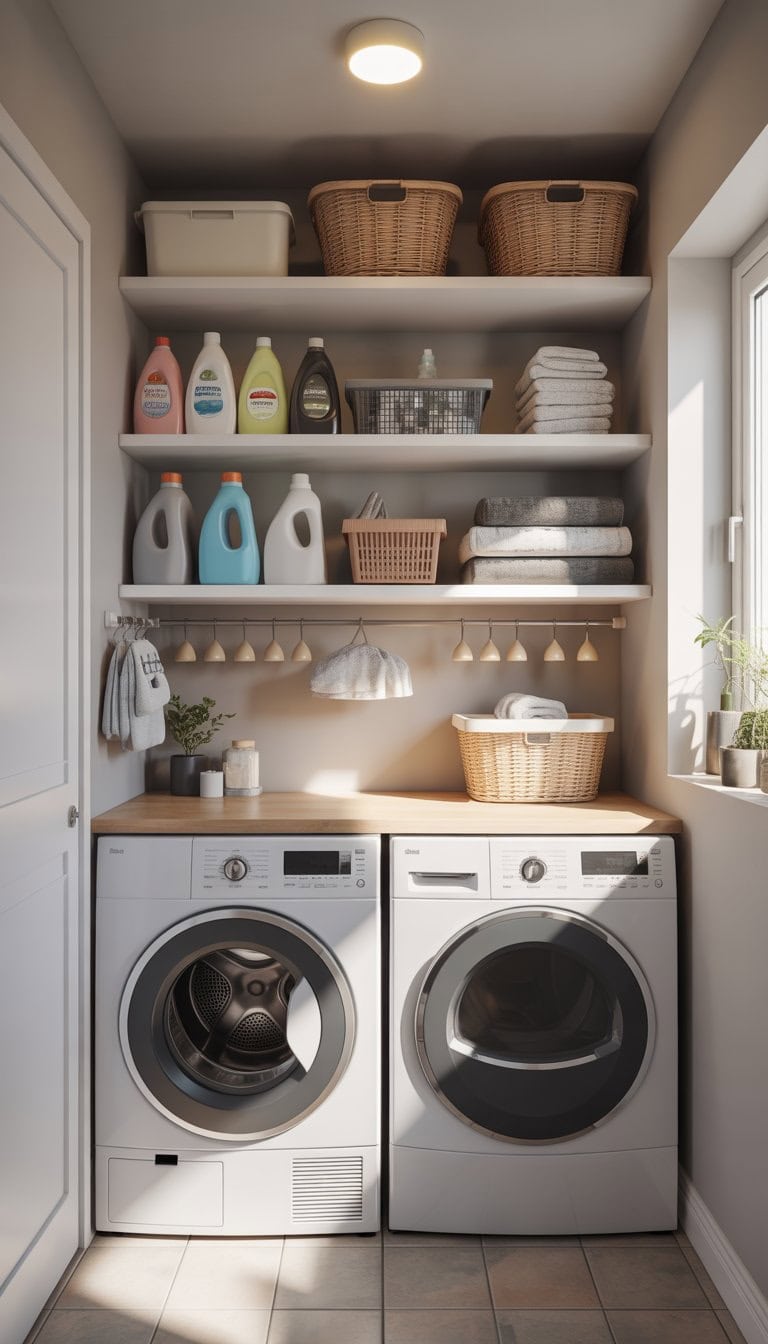 Small laundry room with tall shelves filled with laundry supplies and a washer and dryer beneath them.