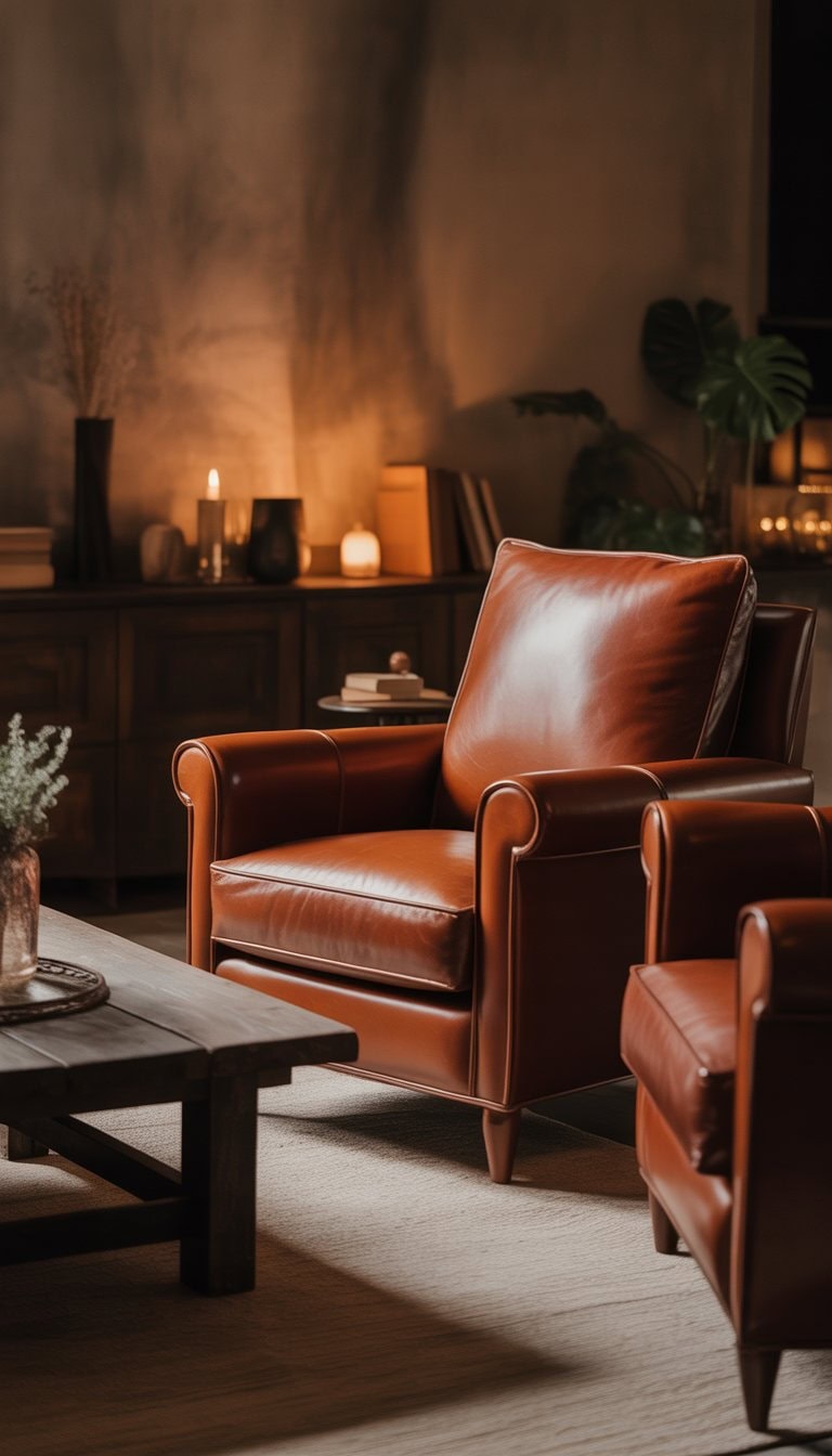 A cozy living room with deep cognac leather armchairs arranged around a wooden coffee table, softly lit to create a warm and inviting atmosphere.