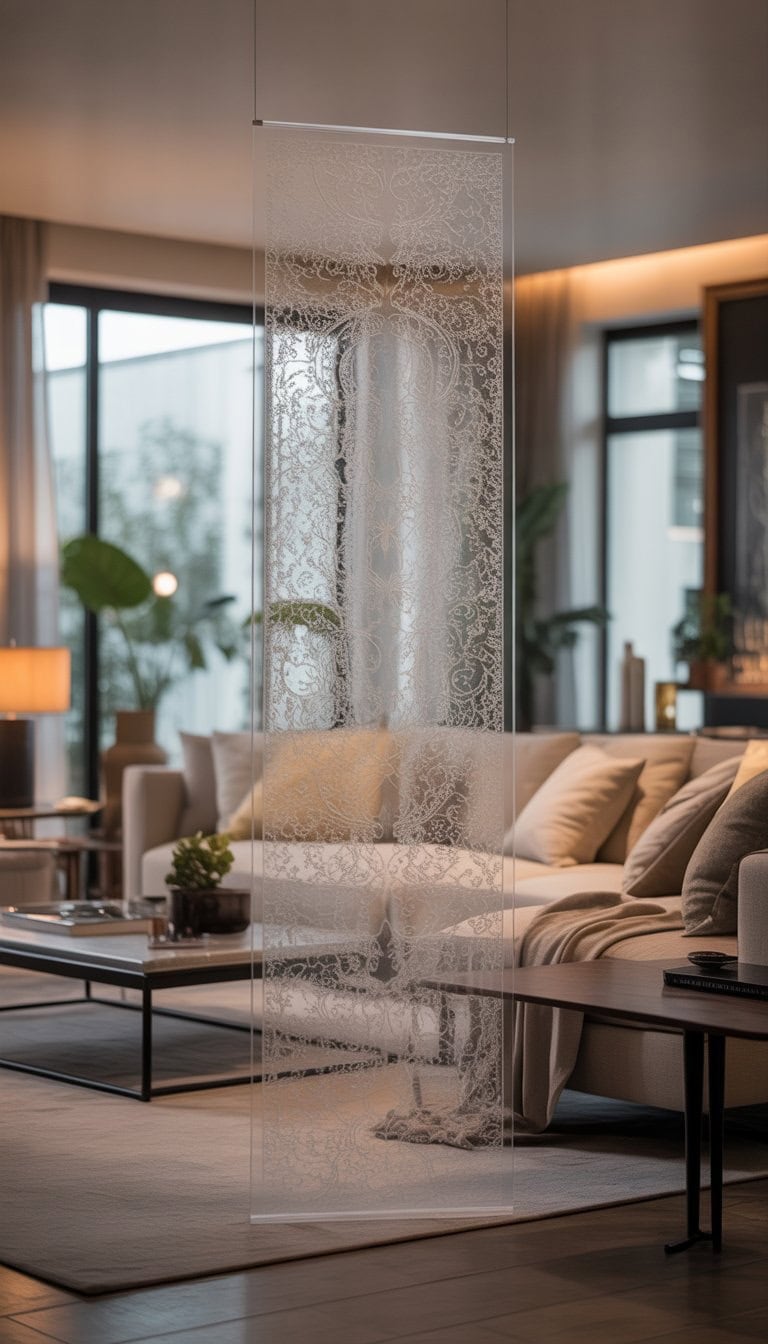 A spacious living room with a sofa and a large piece of wall art hanging above it.