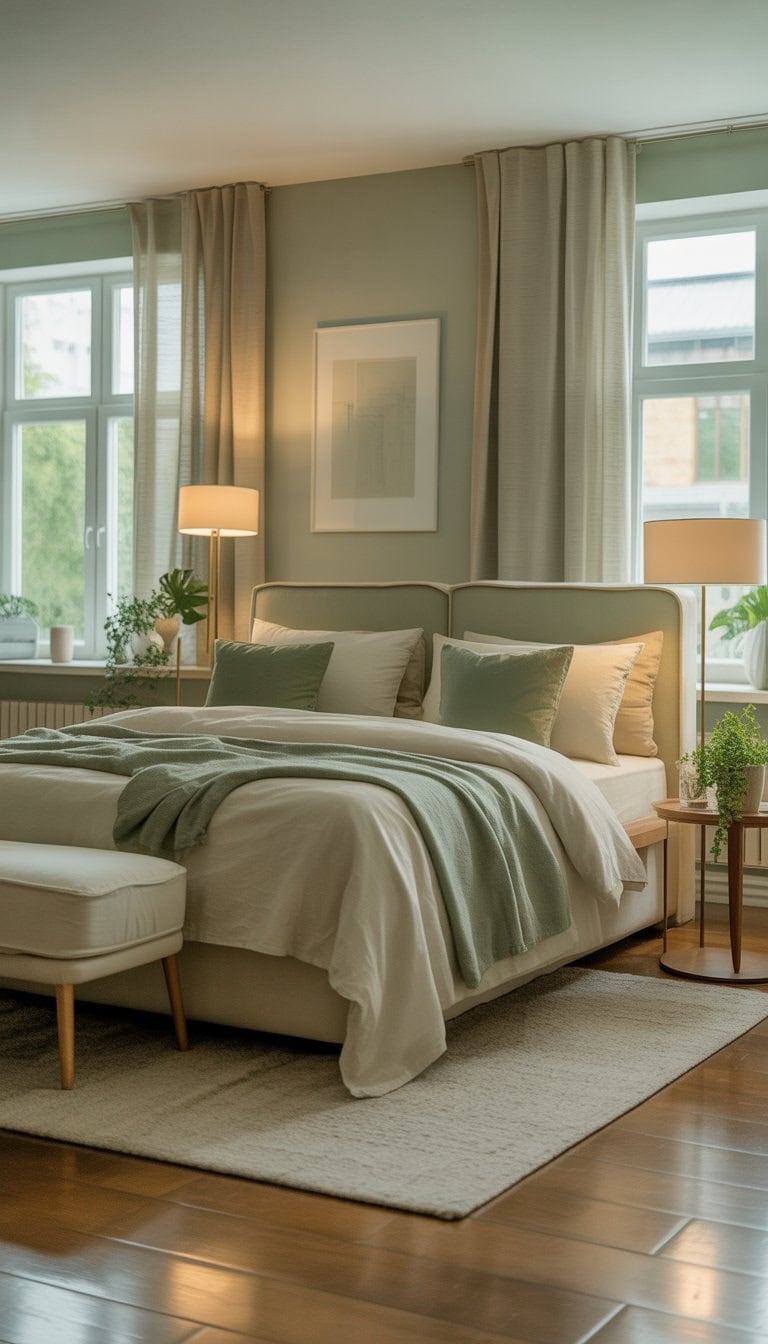 A bedroom with a bed dressed in cream linens and sage green pillows, soft natural light, and simple decor.