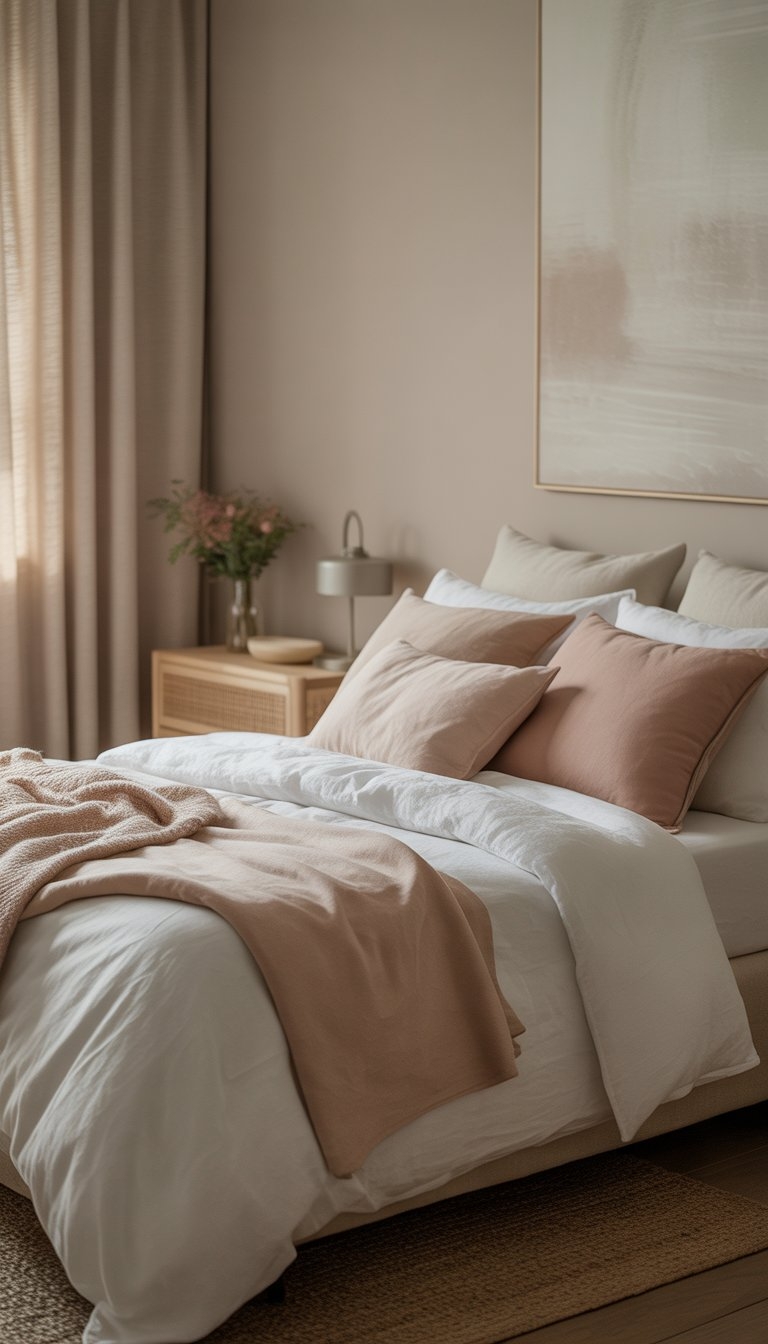 A peaceful bedroom with a bed featuring white linens and blush-colored pillows, soft natural light, neutral walls, and simple decor including a wooden nightstand with flowers.
