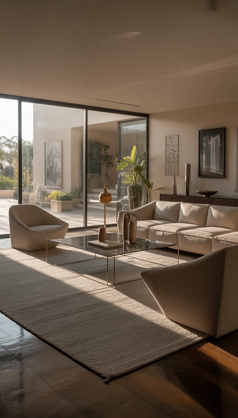 A spacious living room with modern furniture, large windows, hardwood floors, and decorative plants.