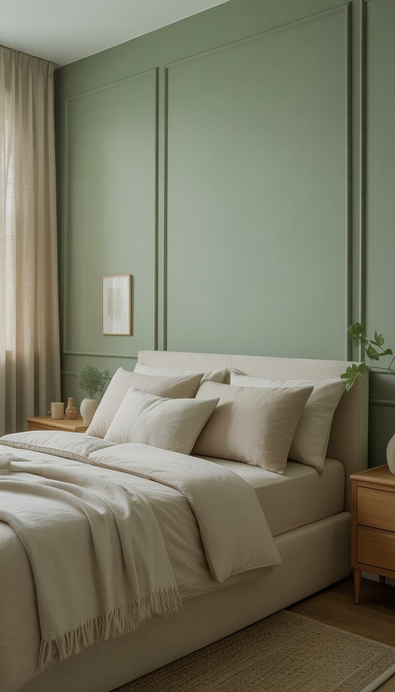 A bedroom with soft sage green walls, a bed with cream bedding, natural wood furniture, and soft natural light.