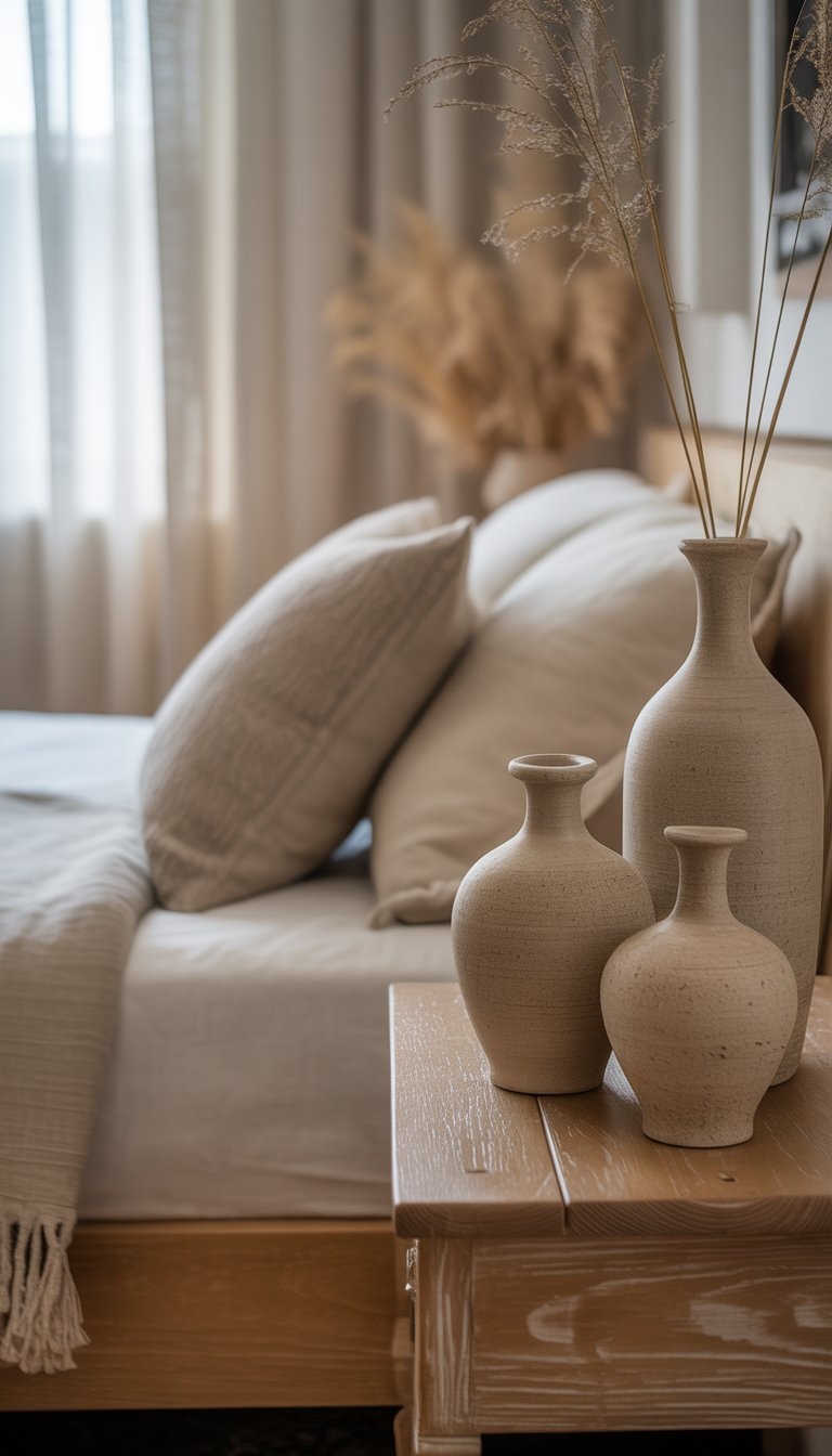 A peaceful bedroom with a neatly made bed and rustic stoneware vases on a wooden bedside table.