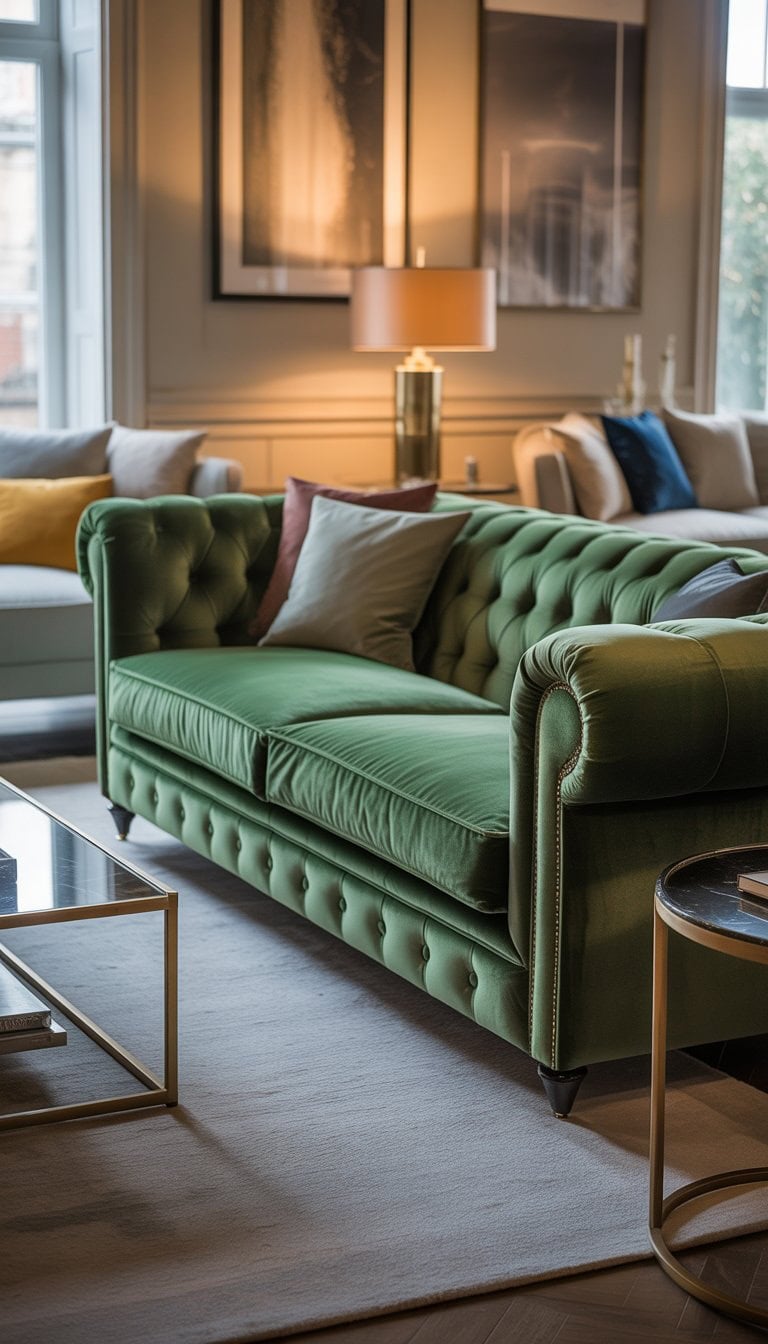 A luxurious living room with a velvet Chesterfield sofa, coffee table, rug, and large windows letting in natural light.