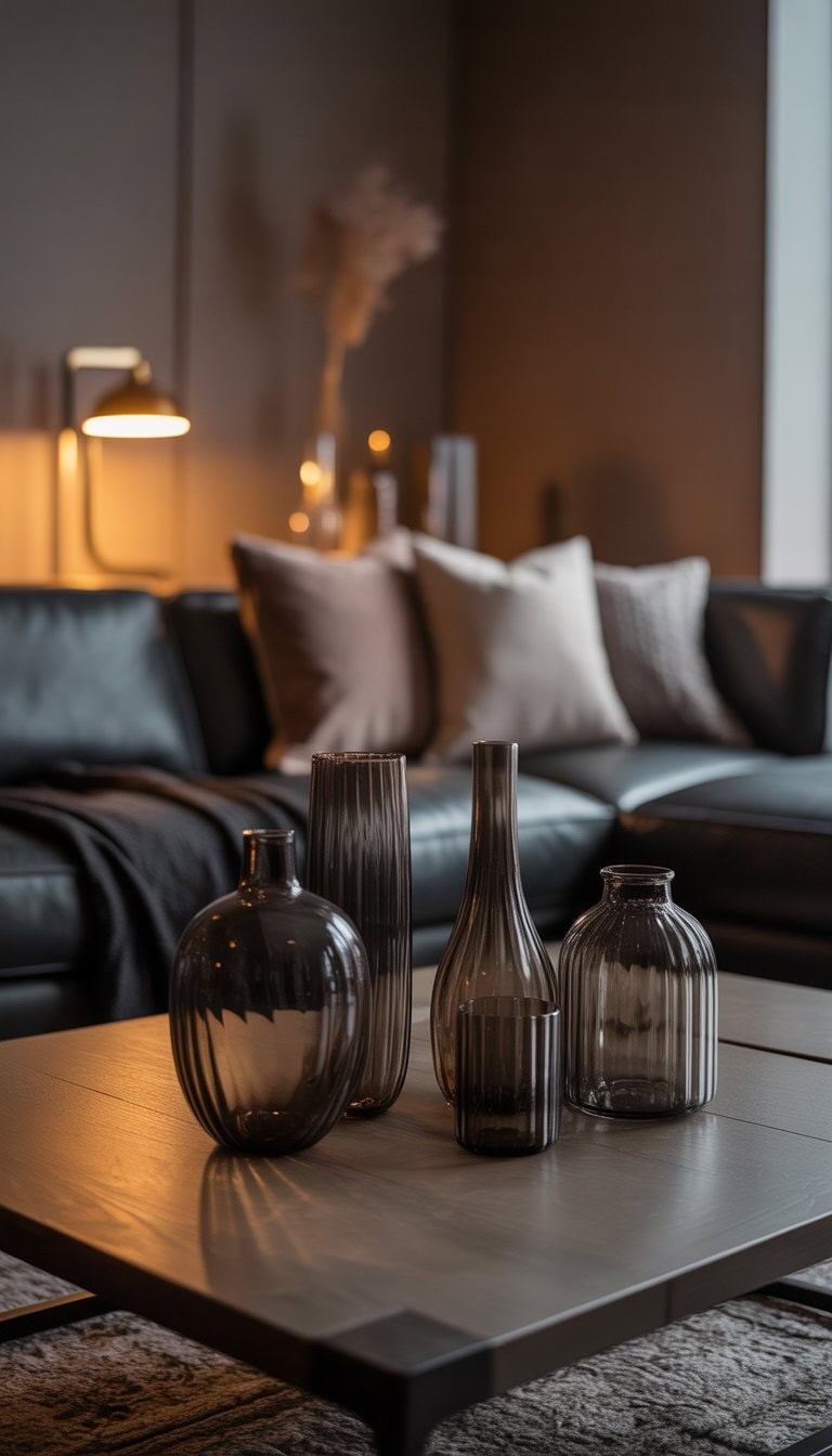 A living room with a dark sofa, wooden coffee table, and several smoky glass vases as decoration under warm lighting.