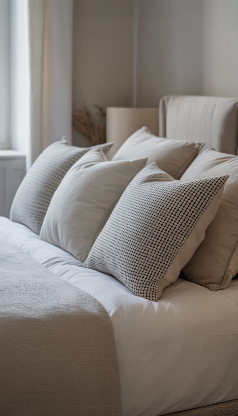 A neatly made bed with several monochrome patterned throw pillows in a neutral-colored bedroom softly lit by natural light.