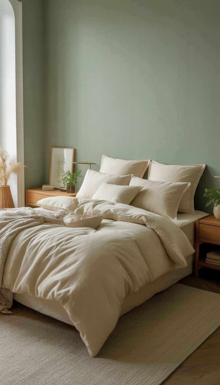 A bedroom with cream-colored bedding and sage green walls, featuring a neatly made bed, nightstands with lamps, and natural light coming through a window.