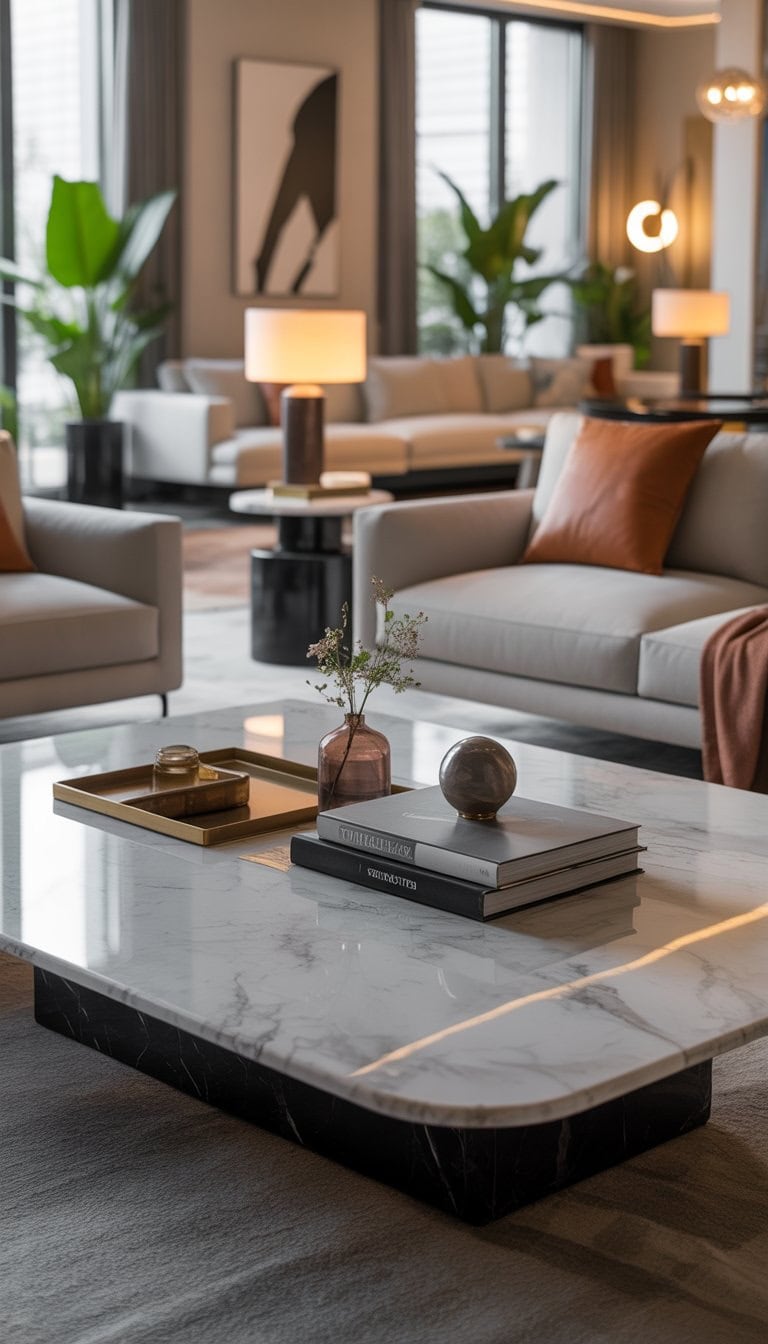A luxurious living room with a sleek marble coffee table at the center, surrounded by elegant sofas and natural light coming through large windows.