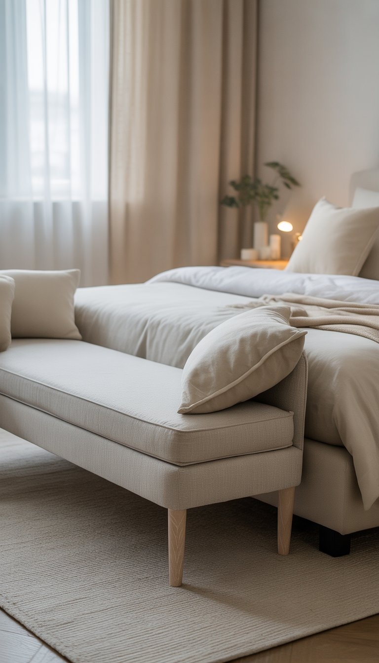 A bedroom with a light gray upholstered bench at the foot of a neatly made bed in neutral colors.