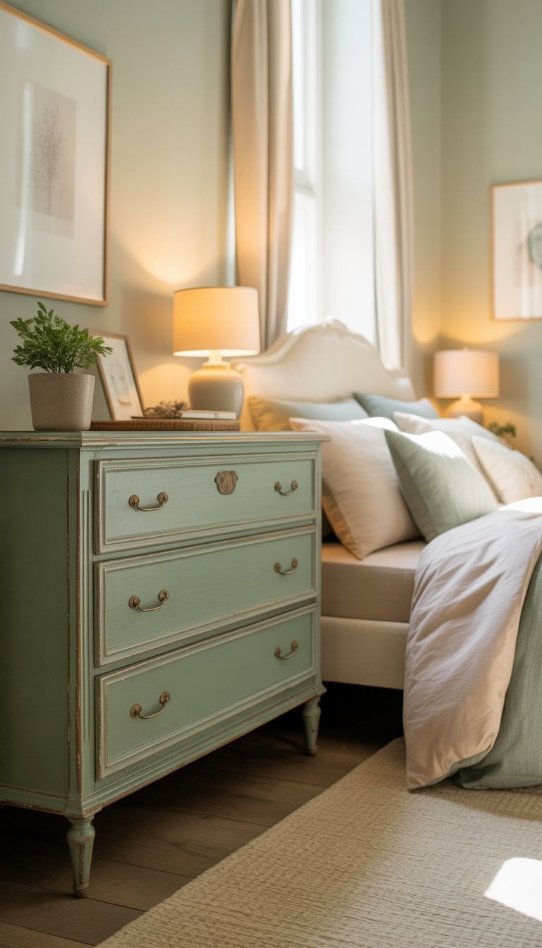 A bedroom with a vintage sage green dresser against a cream wall, featuring bedding and decor in matching soft colors.